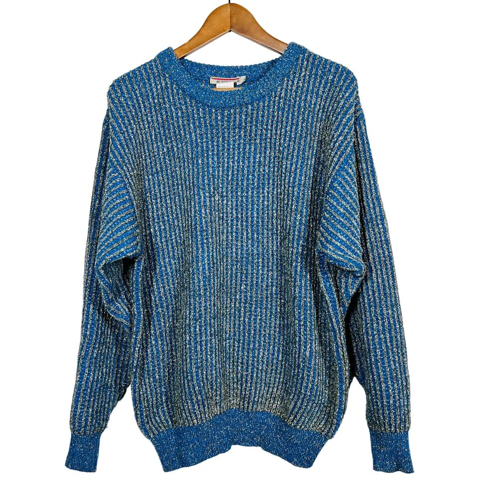 Vintage 90s Moustache Ribbed Crewneck Sweater Blue Grey Comfy GRandpa Knit - S